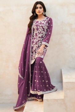 Mauve Georgette Embroidered Palazzo Suit
