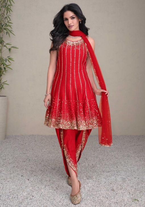 Red Silk Embroidered Dhoti Pant Suit