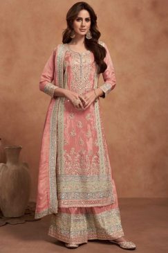 Peach Simar Silk Embroidered Palazzo Suit
