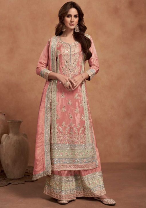 Peach Simar Silk Embroidered Palazzo Suit