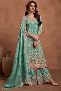 Mint Green Simar Silk Embroidered Palazzo Suit