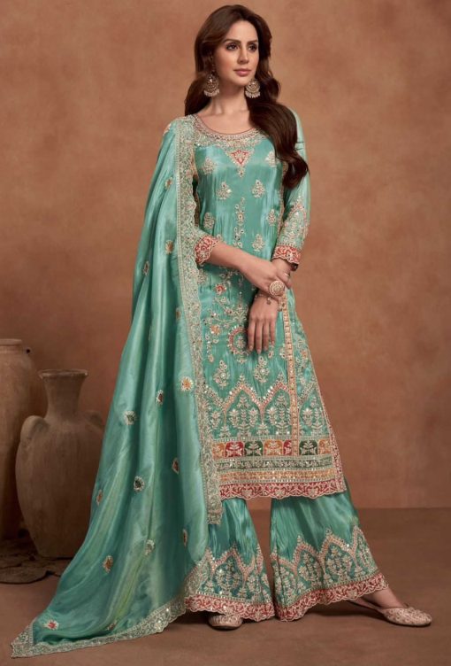 Mint Green Simar Silk Embroidered Palazzo Suit