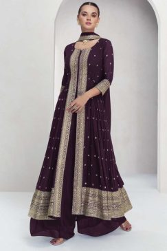 Dark Wine Front Slit Embroidered Palazzo Suit
