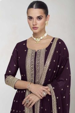 Alternative view of Dark Wine Front Slit Embroidered Palazzo Suit