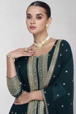 Alternative view of Green Front Slit Embroidered Palazzo Suit