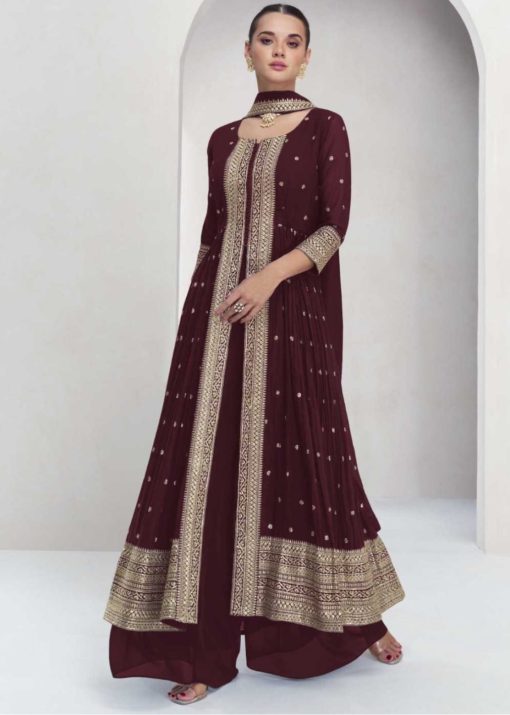 Maroon Front Slit Embroidered Palazzo Suit