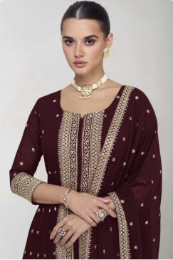 Alternative view of Maroon Front Slit Embroidered Palazzo Suit
