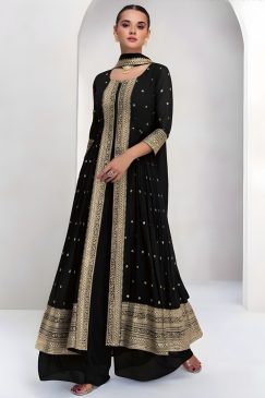 Black Front Slit Embroidered Palazzo Suit