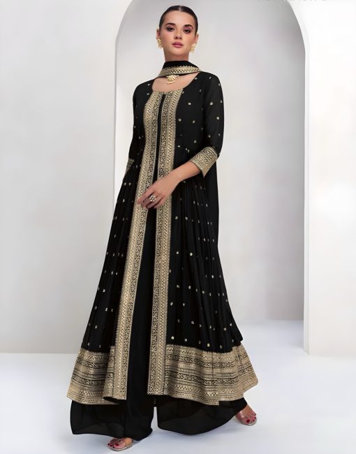 Black Front Slit Embroidered Palazzo Suit