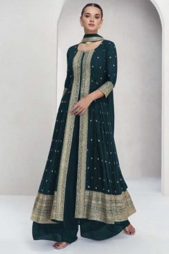Green Front Slit Embroidered Palazzo Suit