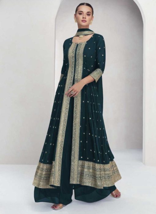 Green Front Slit Embroidered Palazzo Suit
