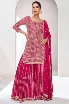 Pink Chinon Silk Embroidered Sharara Suit