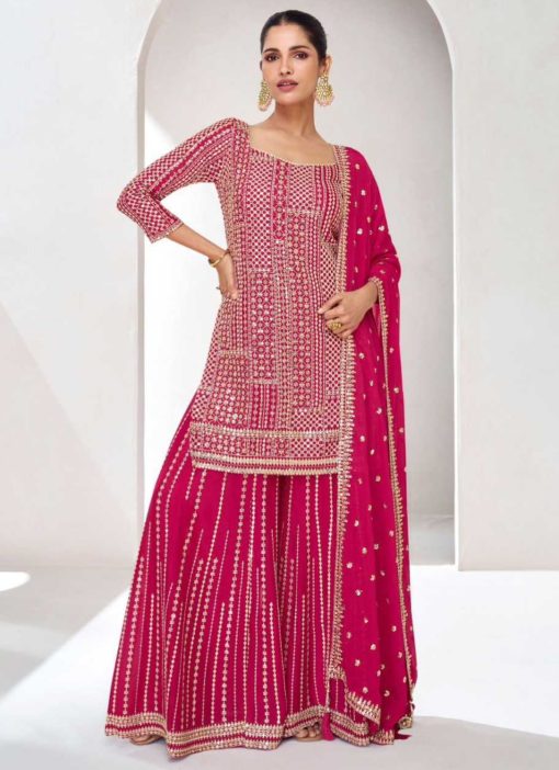 Pink Chinon Silk Embroidered Sharara Suit