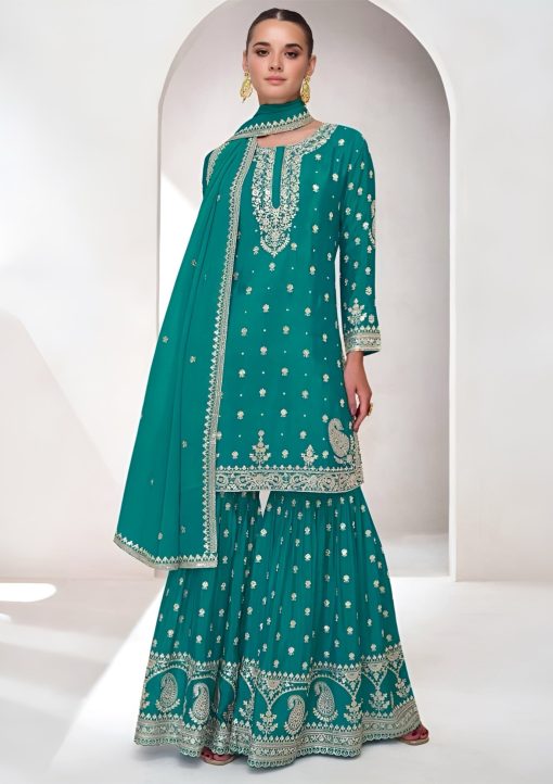 Turquoise Chinon Silk Embroidered Sharara Suit