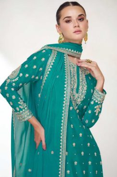 Alternative view of Turquoise Chinon Silk Embroidered Sharara Suit