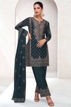 Navy Chinon Silk Embroidered Trouser Suit