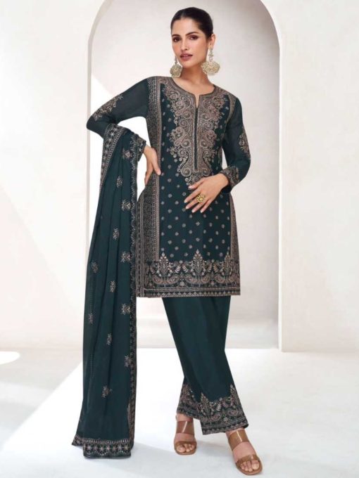 Navy Chinon Silk Embroidered Trouser Suit