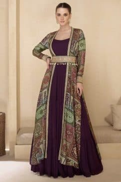 Wine Embroidered Anarkali Suit With Jacket