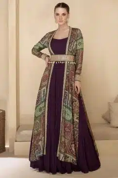 Wine Embroidered Anarkali Suit With Jacket