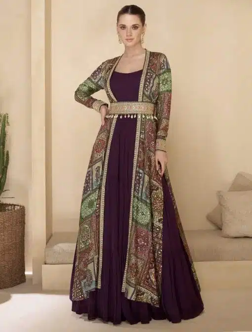 Wine Embroidered Anarkali Suit With Jacket