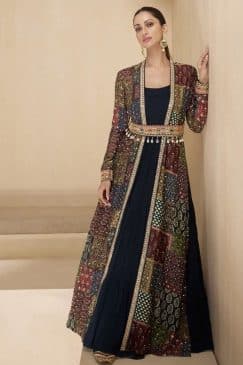 Navy Embroidered Anarkali Suit With Jacket