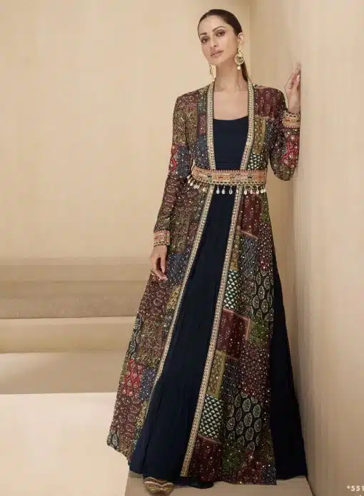 Navy Embroidered Anarkali Suit With Jacket