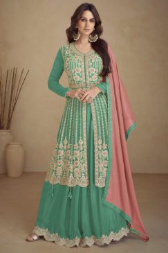 Green Embroidered Palazzo Suit