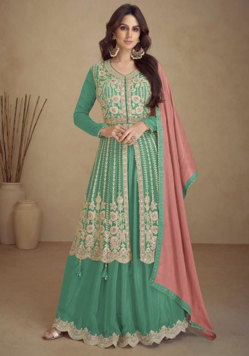 Green Embroidered Palazzo Suit