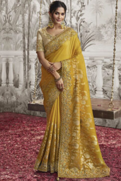 Yellow Fancy Silk Wedding Reception Wear Saree