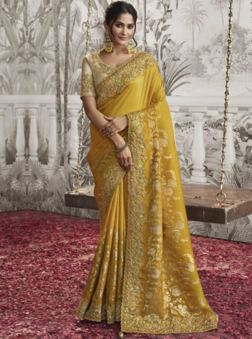 Yellow Fancy Silk Wedding Reception Wear Saree