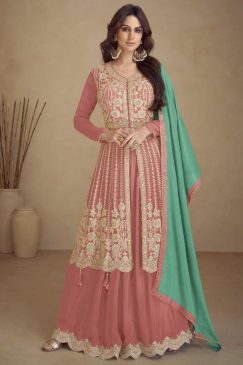 Pink Embroidered Palazzo Suit