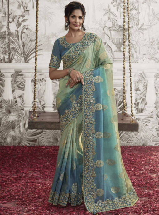Blue Fancy Silk Wedding Reception Wear Saree