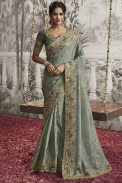 Green Fancy Silk Wedding Reception Wear Saree