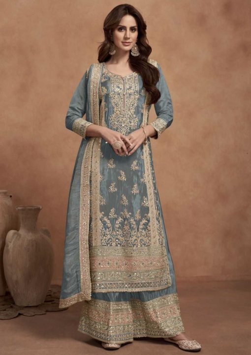 Blue Grey Simar Silk Embroidered Palazzo Suit