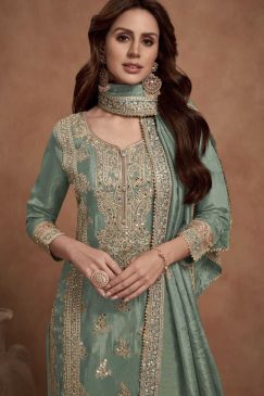 Alternative view of Green Simar Silk Embroidered Palazzo Suit
