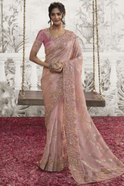 Pink Fancy Silk Wedding Reception Wear Saree
