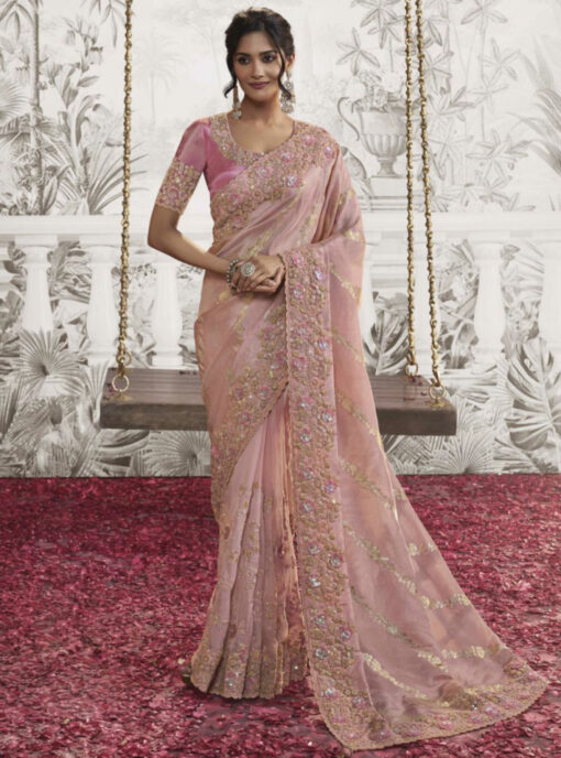 Pink Fancy Silk Wedding Reception Wear Saree