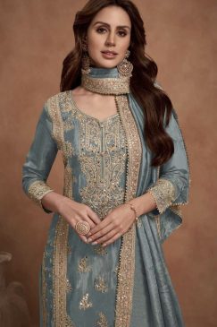 Alternative view of Blue Grey Simar Silk Embroidered Palazzo Suit