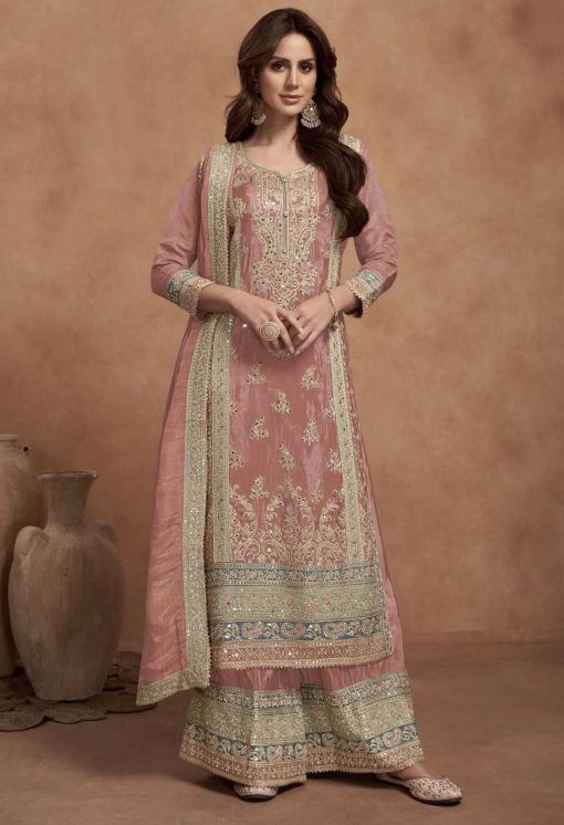 Mauve Pink Simar Silk Embroidered Palazzo Suit
