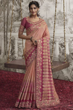 Peach Fancy Silk Wedding Reception Wear Saree