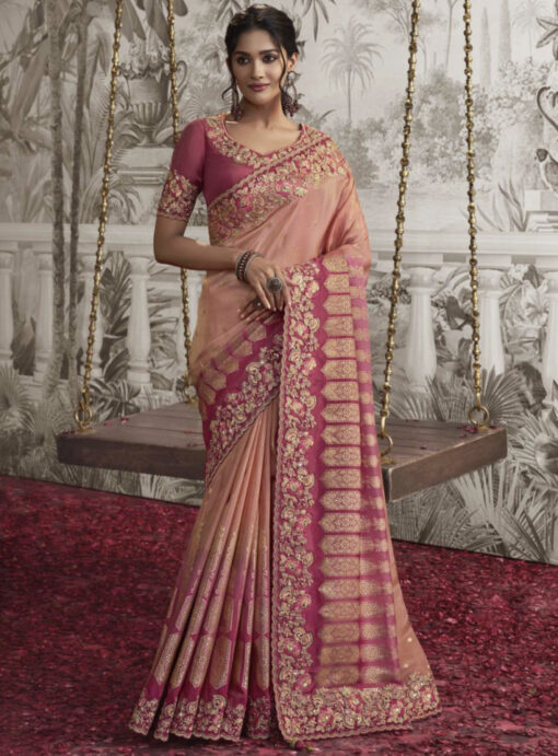 Peach Fancy Silk Wedding Reception Wear Saree