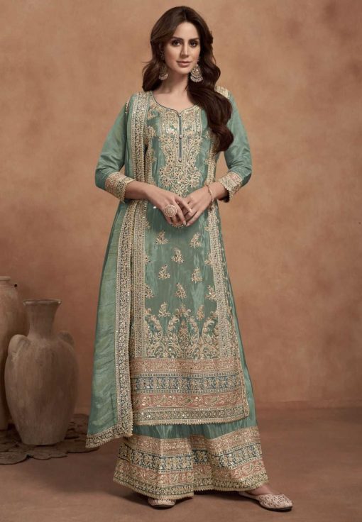Green Simar Silk Embroidered Palazzo Suit