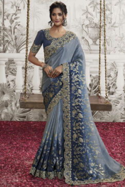 Blue & Grey Fancy Silk Wedding Reception Wear Saree