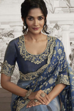 Alternative view of Blue & Grey Fancy Silk Wedding Reception Wear Saree
