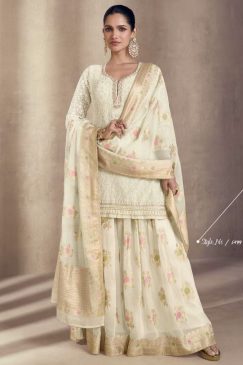 Off White Embroidered Sangeet Sharara Suit