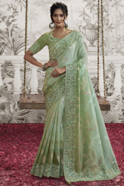 Green Fancy Silk Wedding Reception Wear Saree