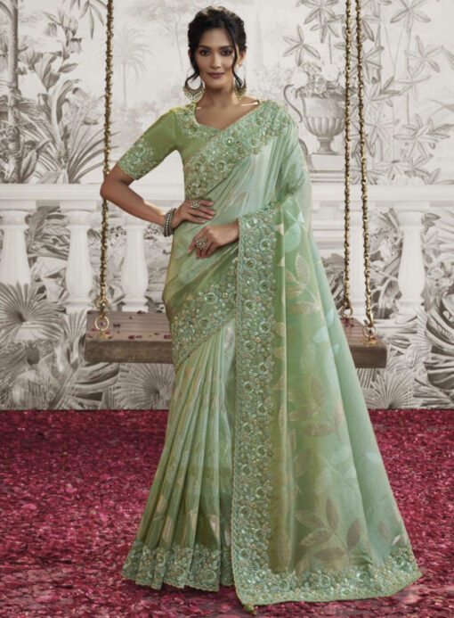 Green Fancy Silk Wedding Reception Wear Saree