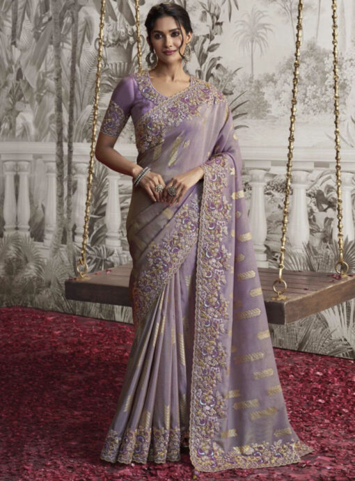 Violet Fancy Silk Wedding Reception Wear Saree