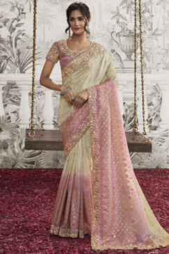 Cream & Pink Fancy Silk Wedding Reception Wear Saree