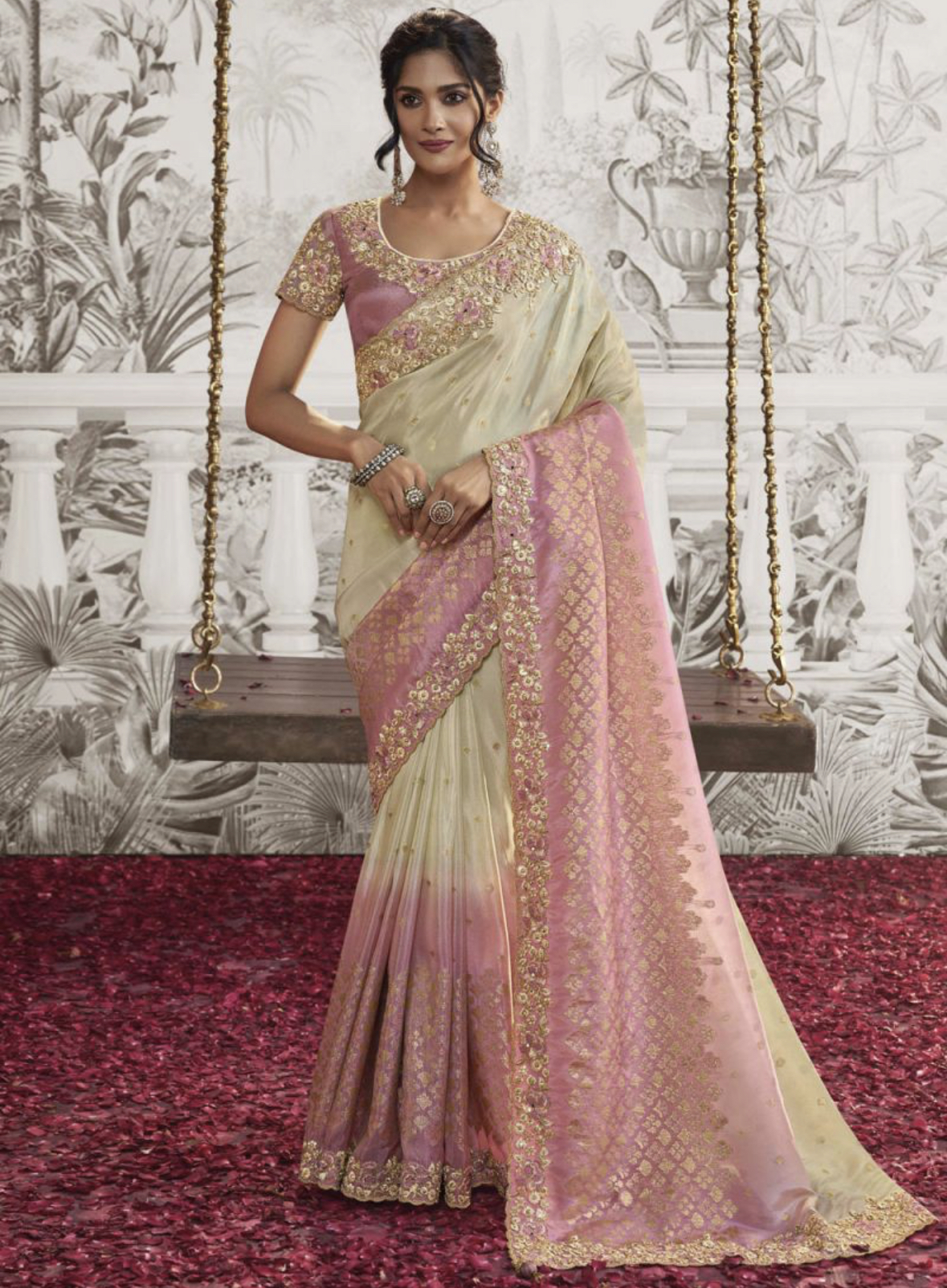Cream & Pink Fancy Silk Wedding Reception Wear Saree